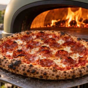 Pepperoni pizza with cup-and-char pepperoni on a peel in front of the wood-fired oven