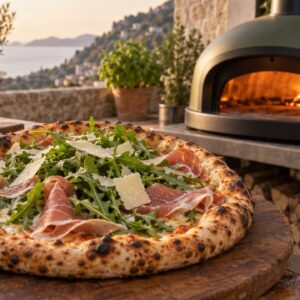 Prosciutto and arugula pizza with shaved parmesan on a wooden board beside the wood-fired oven