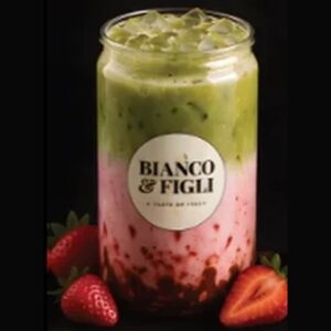 Strawberry matcha latte layered in a Bianco & Figli jar